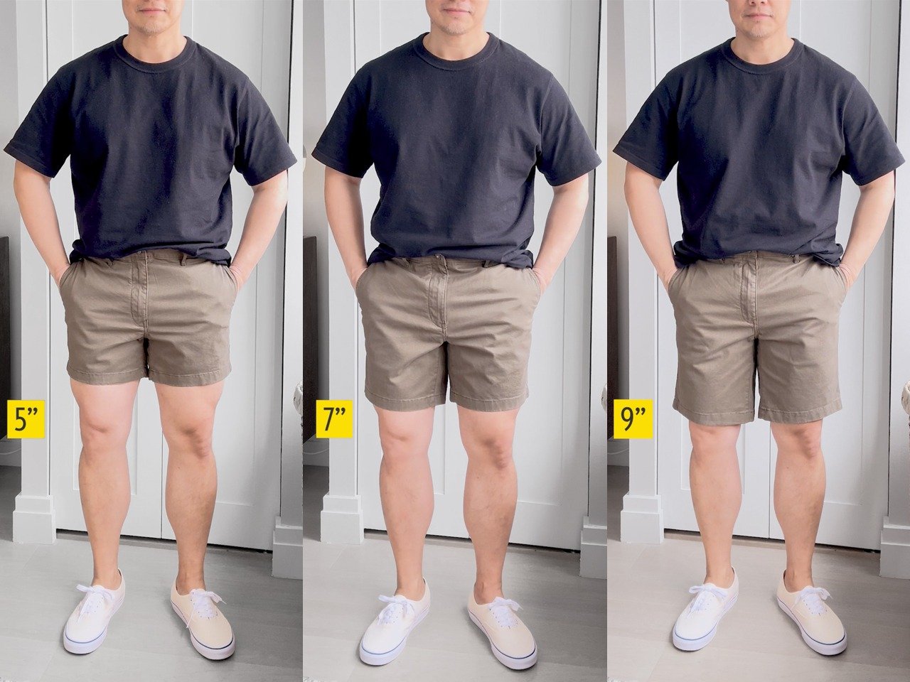 homme portant un short olive de 5, 7 et 9 pouces de longueur pour montrer la différence d'entrejambe