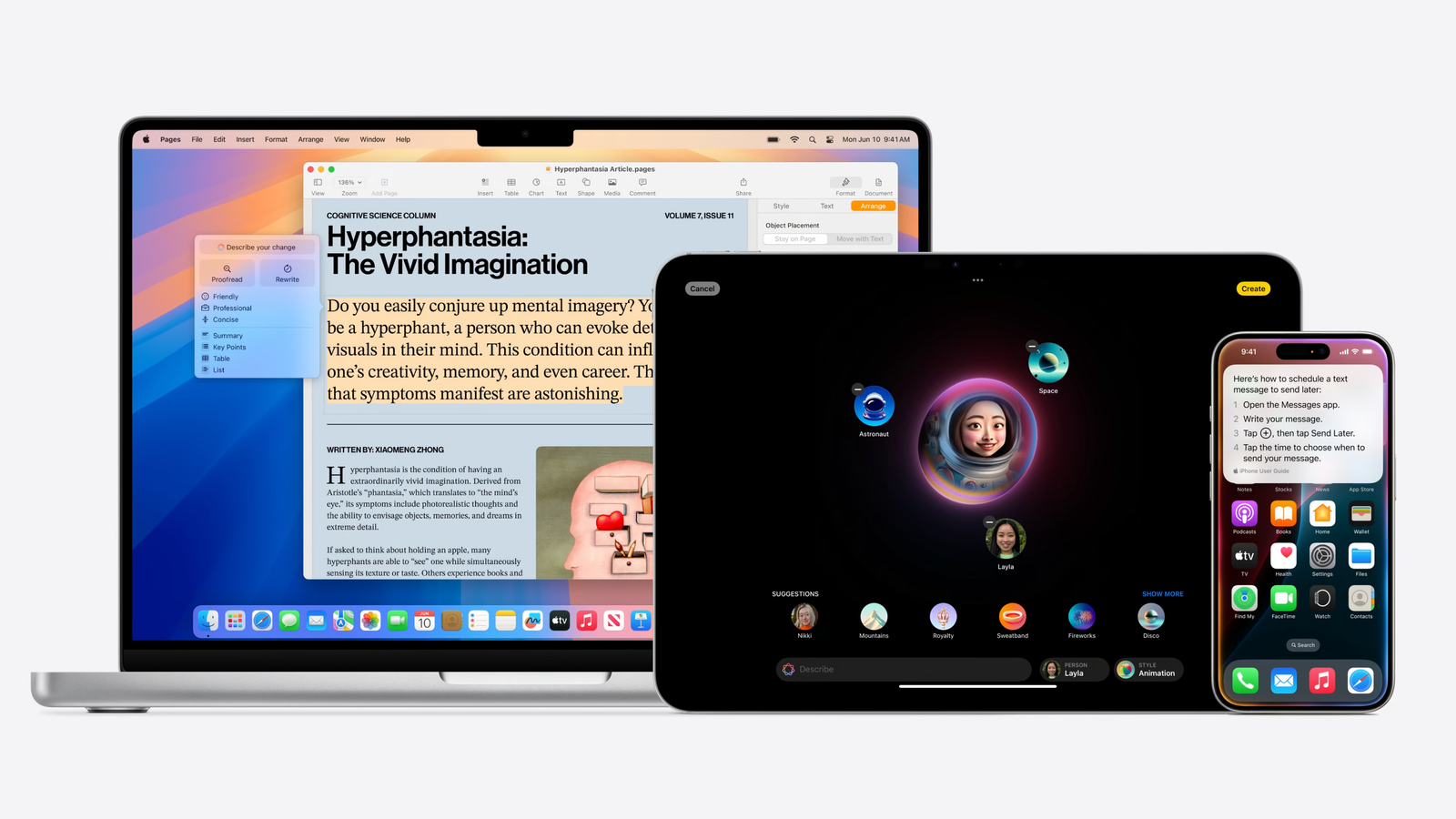 Outils d’écriture Apple Intelligence sur un Mac aux côtés d’un iPad et d’un iPhone.