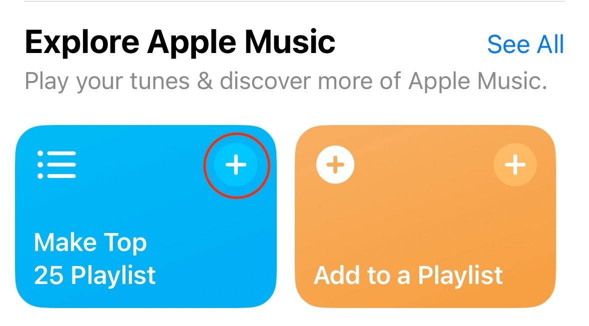 "Explorez Apple Musique" section de la galerie Raccourcis avec "Créer une liste de lecture du top 25" encerclé.