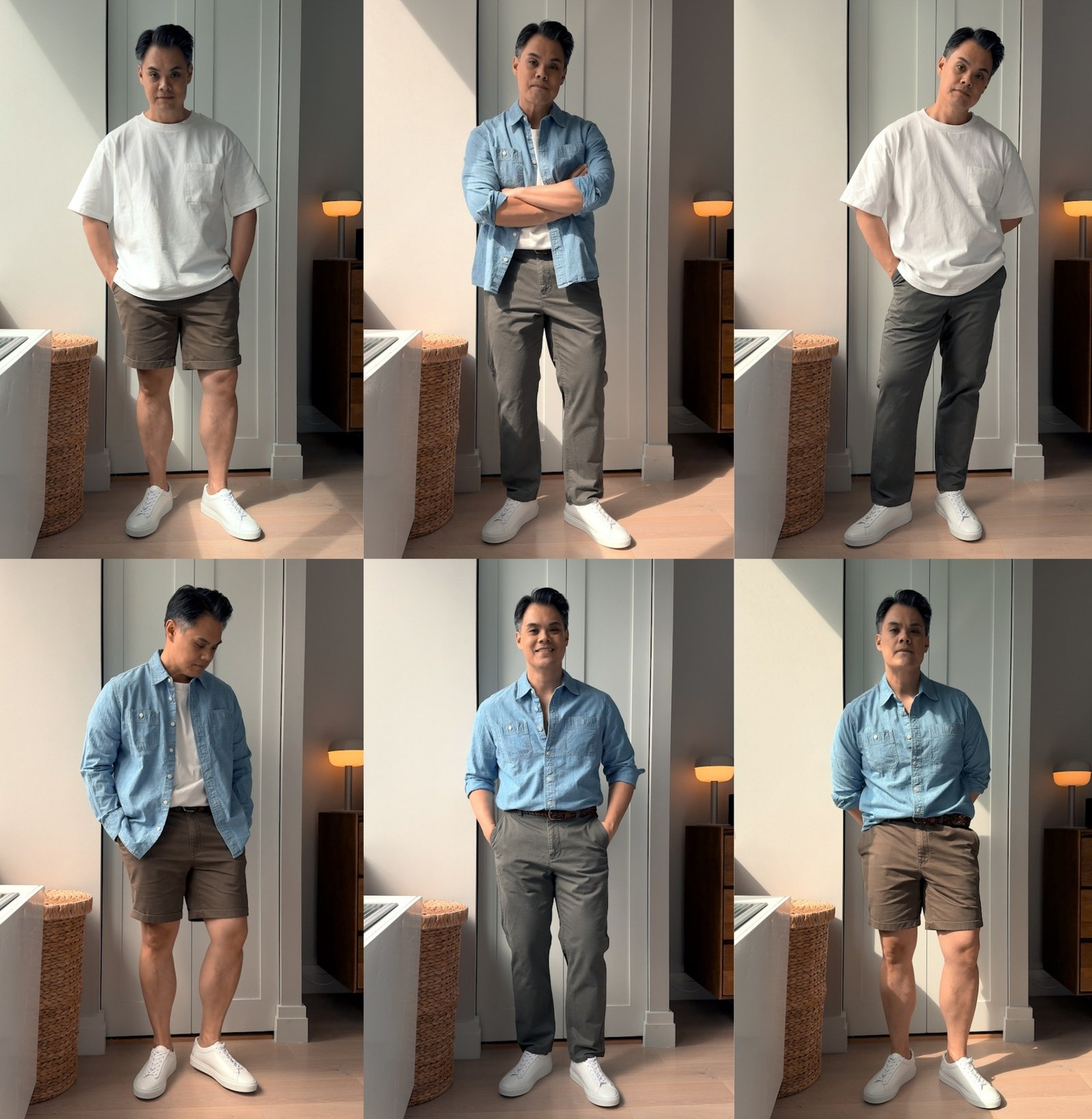 homme portant 6 tenues différentes parmi 5 vêtements