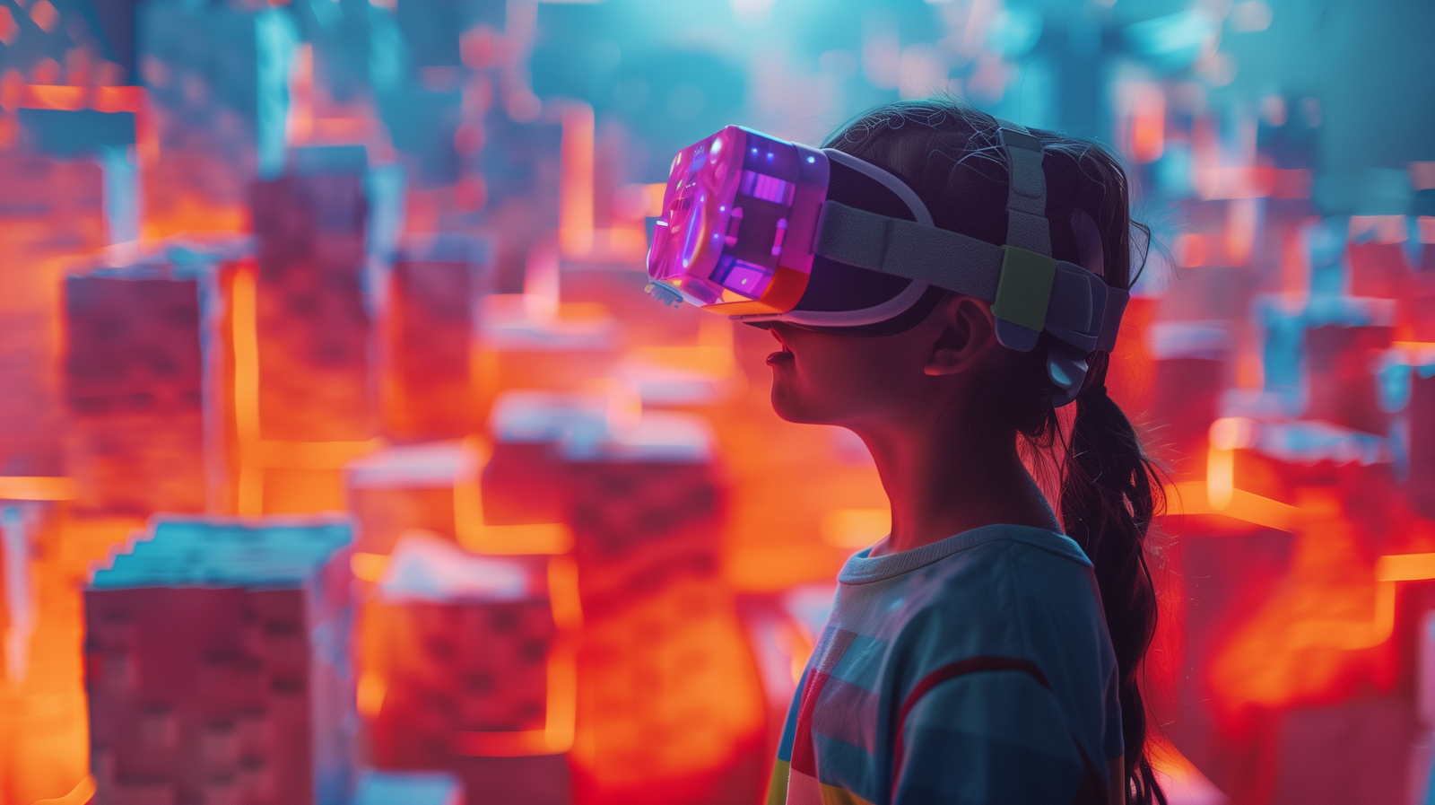 Petite fille entendant un casque VR pour créer un jeu vidéo à son goût