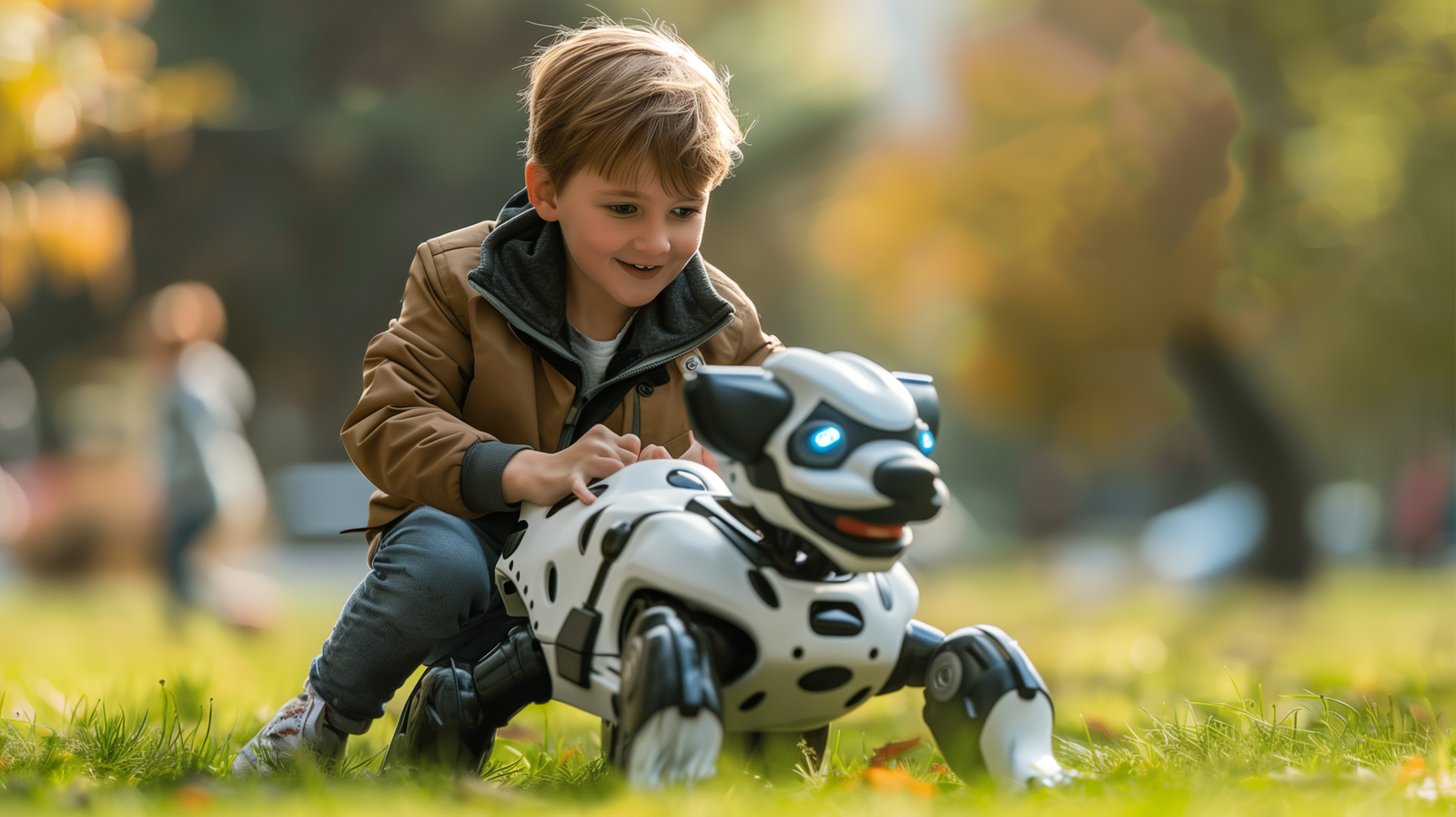Un garçon joue avec ce chien robot dans le parc