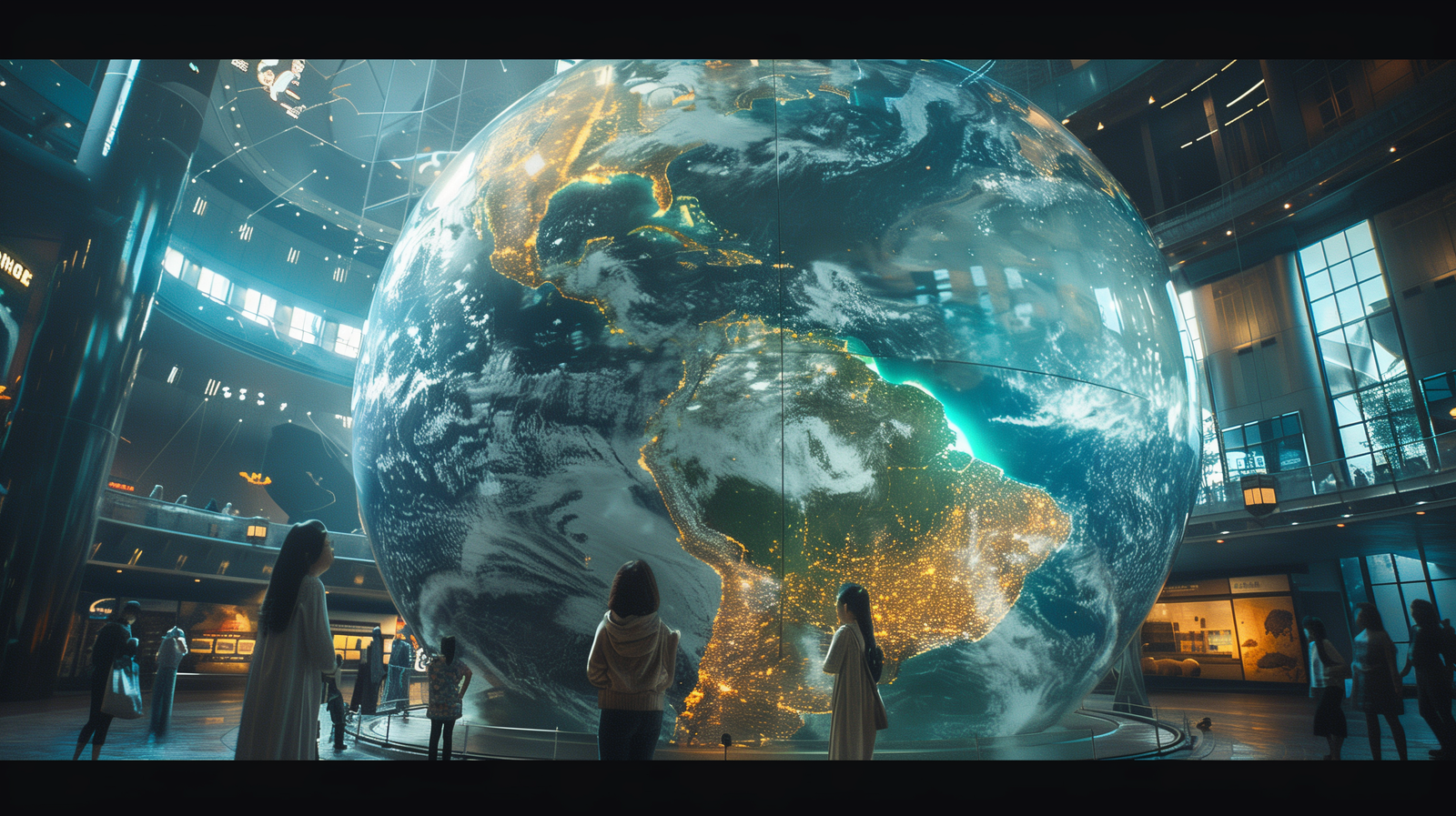 Un immense modèle de la Terre et des gens qui la regardent