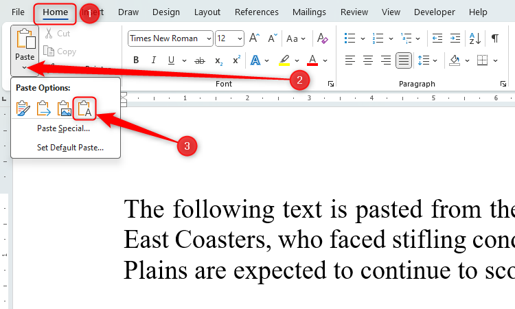 Un document Word avec l’option de collage Conserver uniquement le texte en surbrillance.