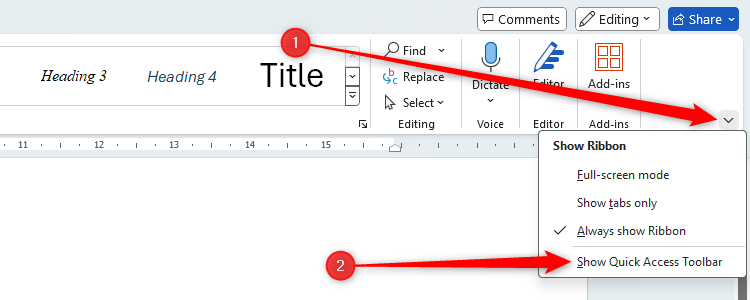 Un document Microsoft Word avec le menu Afficher le ruban ouvert et « Afficher la barre d'outils d'accès rapide » en surbrillance.