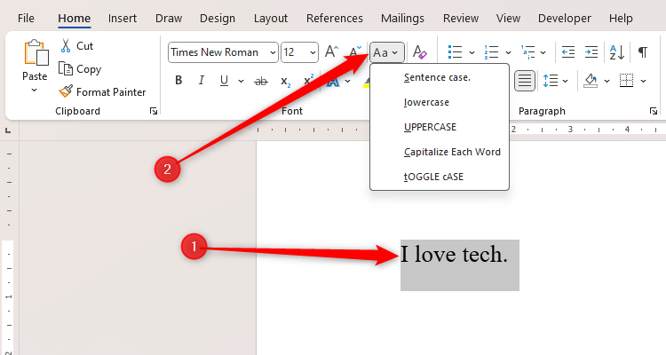 Du texte sélectionné dans Microsoft Word et le menu déroulant Modifier la casse ouvert.