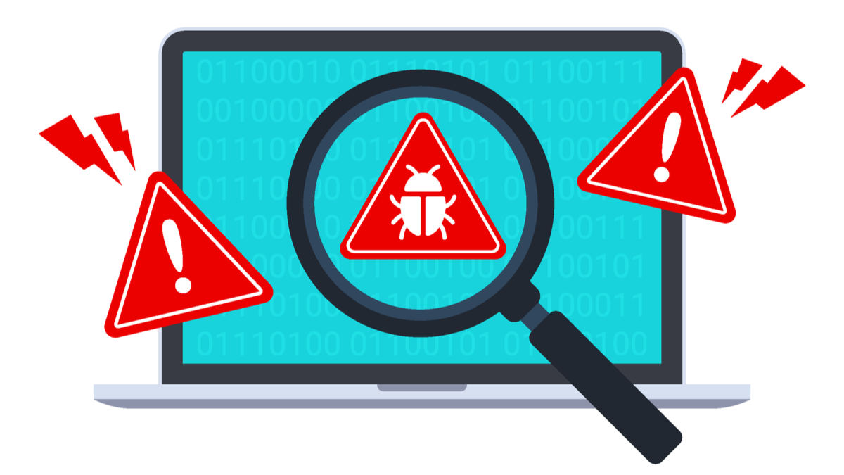Graphique représentant un avertissement et une détection de malware sur un ordinateur portable.