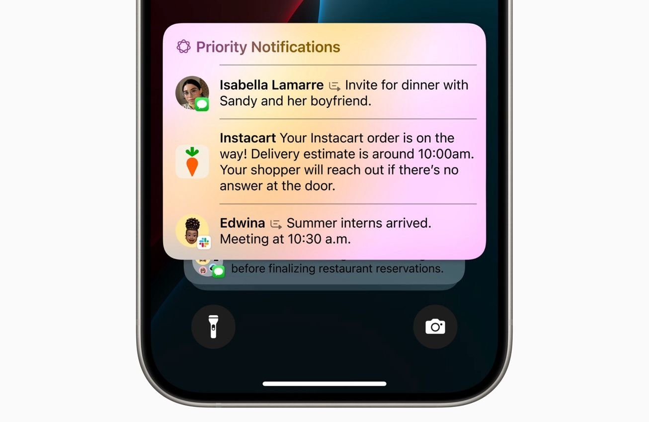 Capture d'écran des notifications prioritaires triées par Apple Intelligence.
