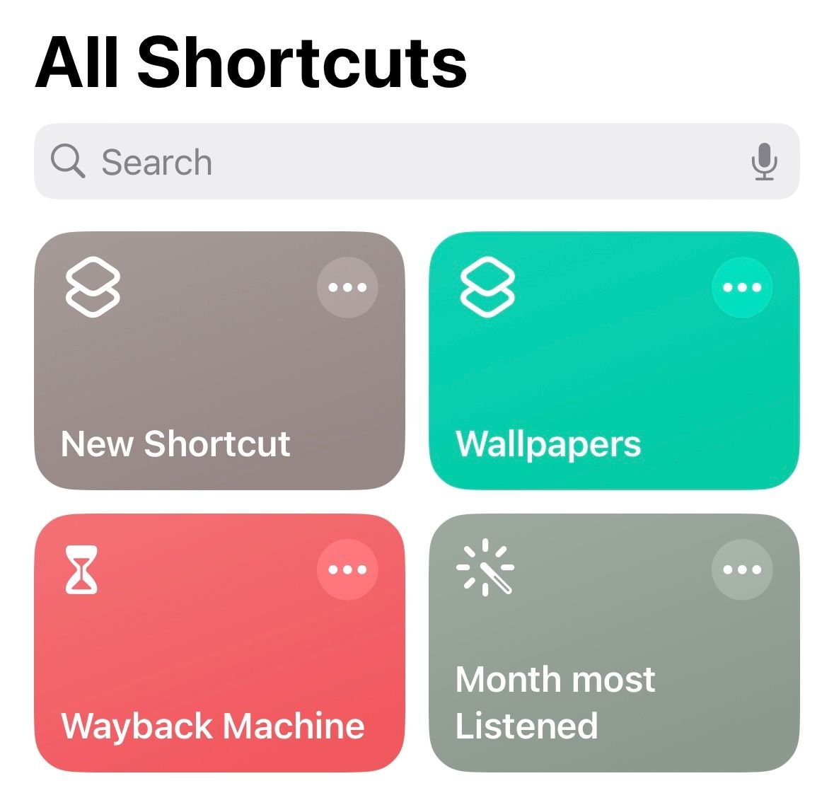"Tous les raccourcis" menu dans l’application Raccourcis iPhone.
