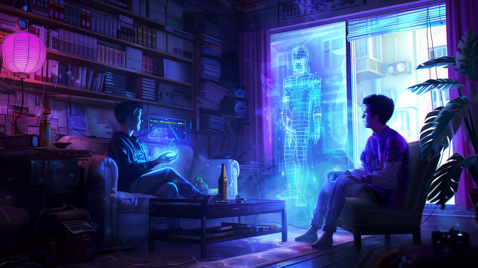 Deux garçons parlant à un assistant numérique holographique à intelligence artificielle