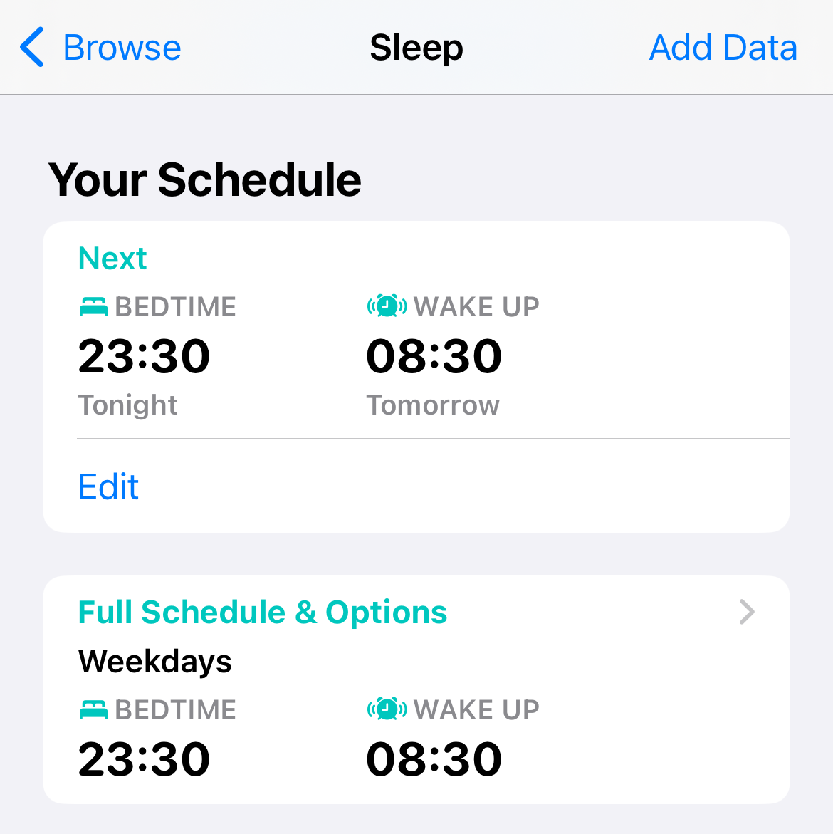 Affichez les options complètes du programme de sommeil dans l’application Santé de l’iPhone.