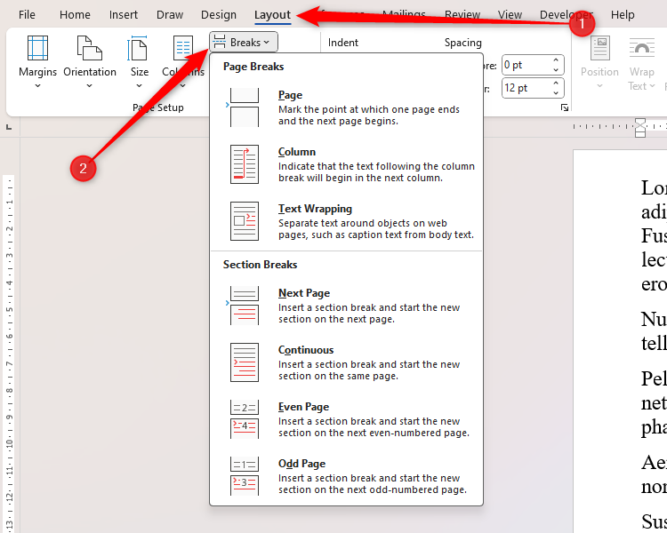 Le menu Sauts dans Microsoft Word, accessible via l’onglet Disposition du ruban.