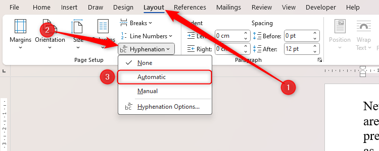 Option de césure automatique de Microsoft Word, accessible via l'onglet Disposition du ruban.