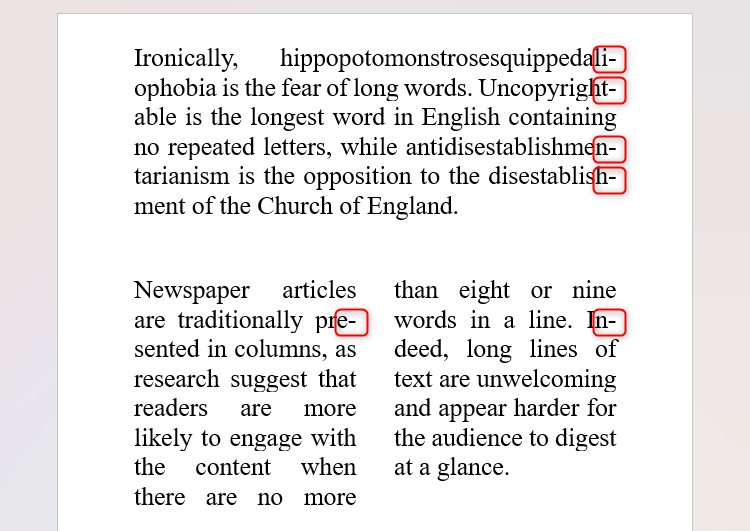 Mots composés dans Microsoft Word, avec les tirets mis en évidence.