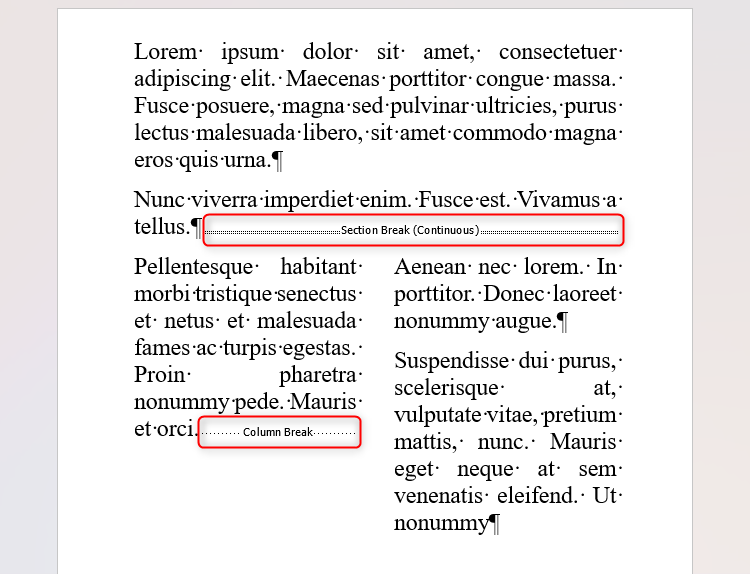 Un document Word avec un saut de section et un saut de colonne.