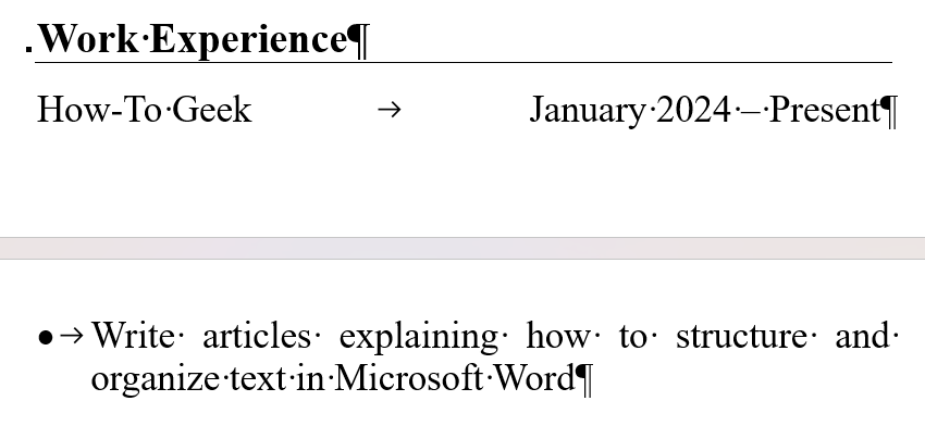 Un CV dans Microsoft Word avec un titre et le texte correspondant répartis sur deux pages.