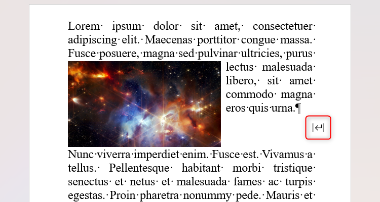 Un document Word contenant une image et un saut d'habillage de texte pour séparer le texte.