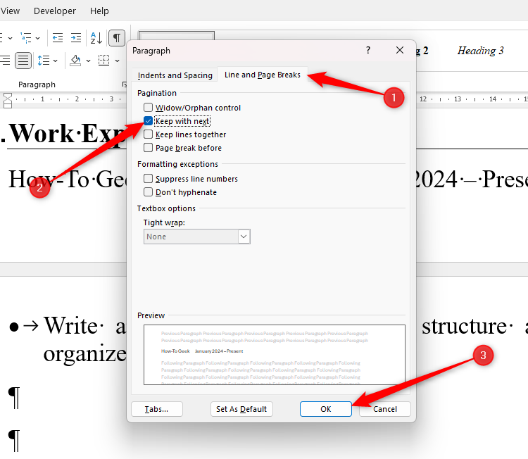 Paramètre « Conserver avec la suite » de Word dans la boîte de dialogue Paragraphe.