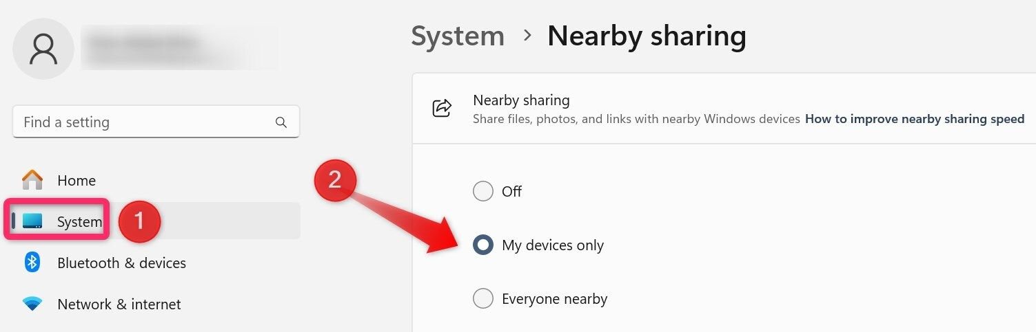 Activation du partage à proximité dans l’application Paramètres Windows.