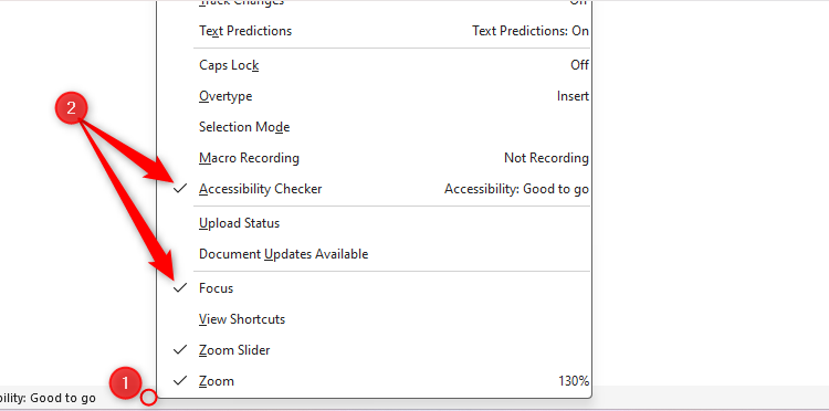 Les différentes options disponibles lors de la personnalisation de la barre d'état de Microsoft Word.