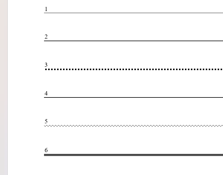 Six types de lignes de bordure horizontales dans Word.