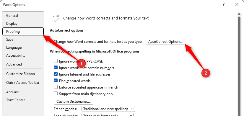 Options Word avec options de vérification et de correction automatique sélectionnées.