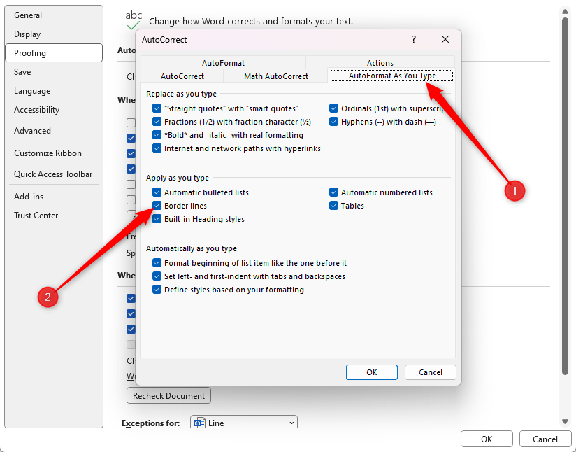 L'onglet Mise en forme automatique au fur et à mesure de la frappe dans les options de correction automatique de Word, avec les lignes de bordure cochées.