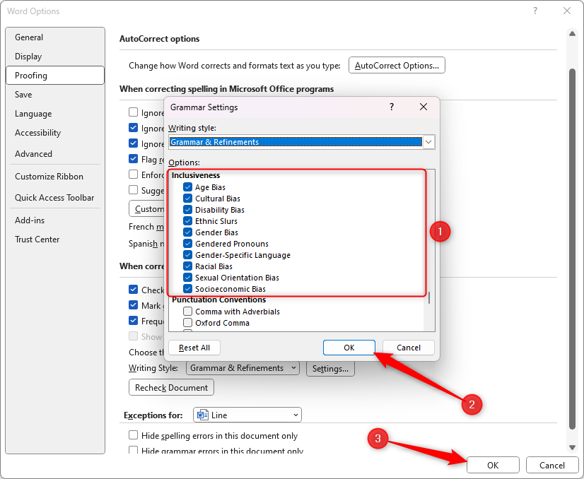 Les options de vérification d'inclusivité dans Microsoft Word.