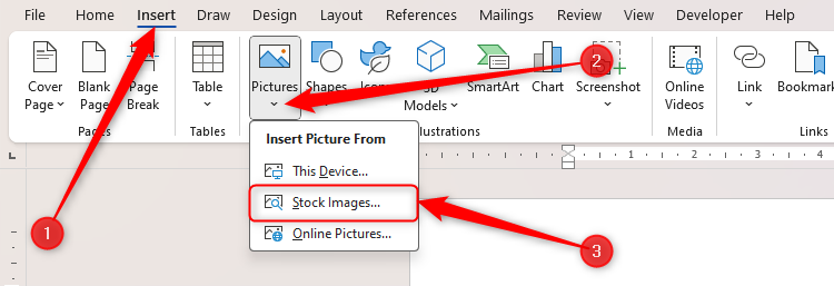 L'option Images de stock dans le menu Insérer des images sur Word.