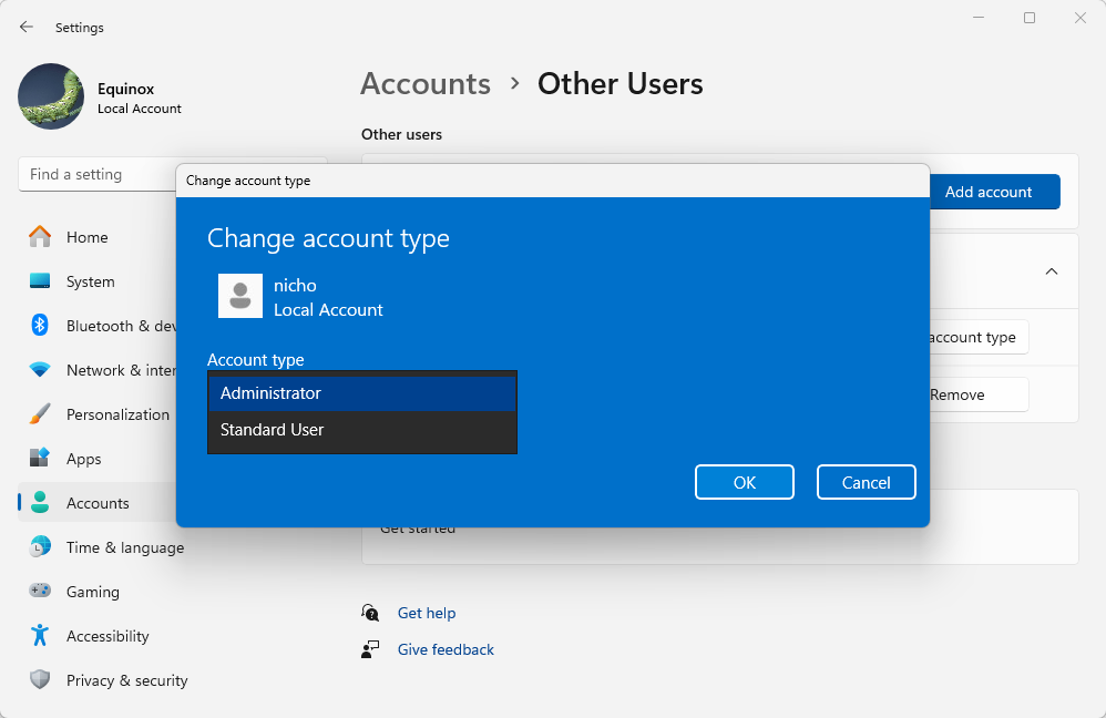 Modification du type de compte de standard à administrateur.