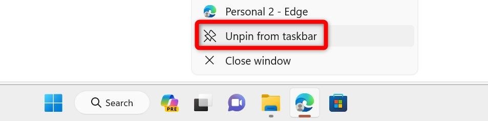 Détacher Microsoft Edge de la barre des tâches sur Windows 11.