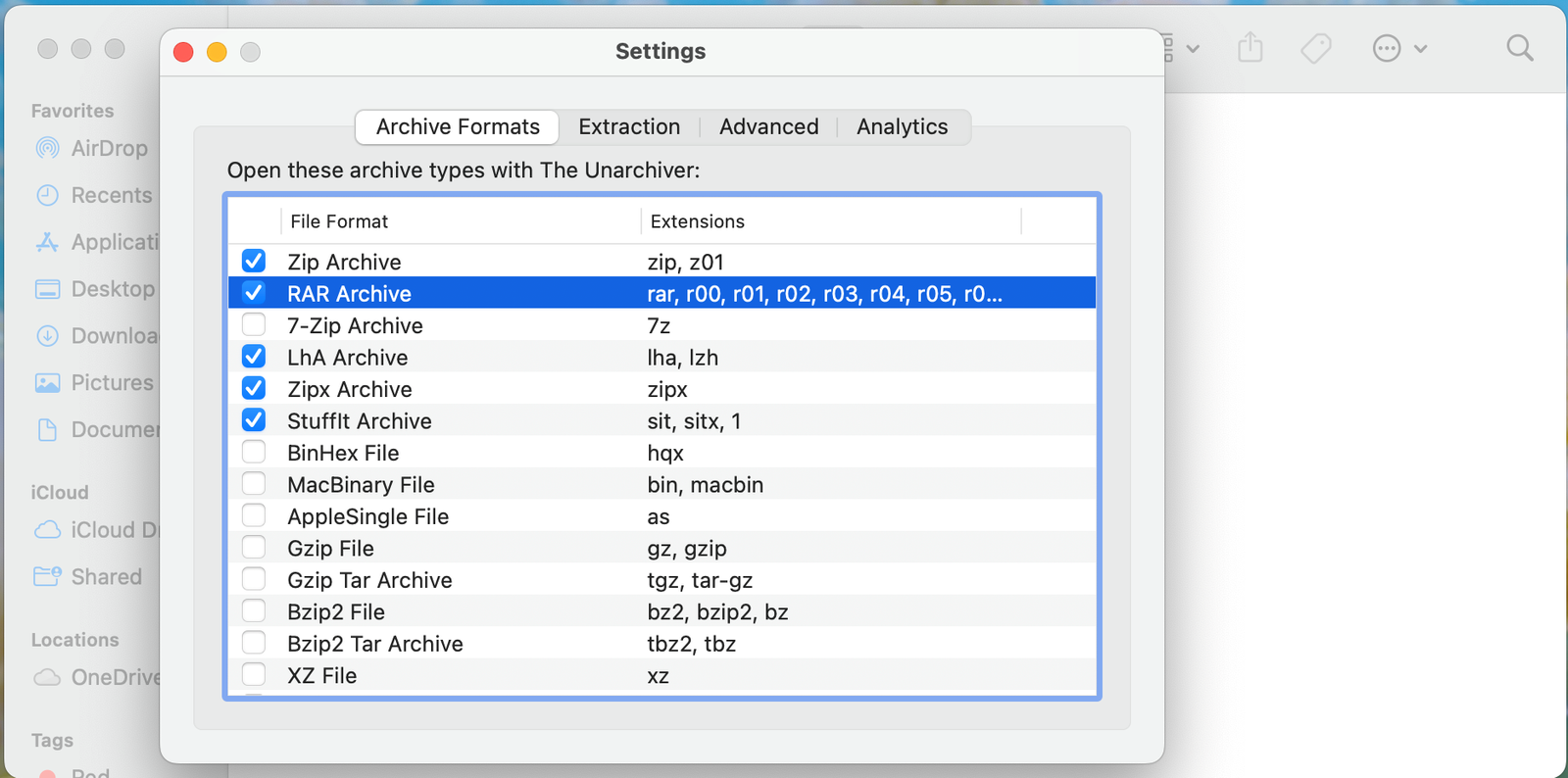 Les options d'association de fichiers sur Unarchiver. 