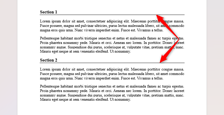 Un document Word avec des titres et des paragraphes séparés par des lignes de bordure horizontales.