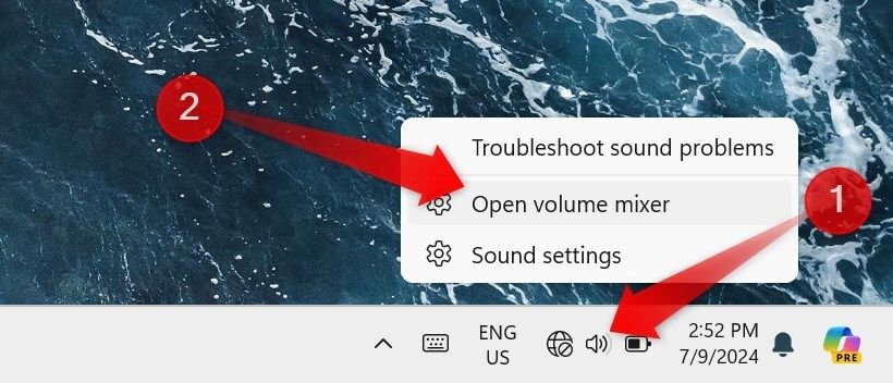Ouverture du mélangeur de volume à partir de la barre d'état système de Windows.