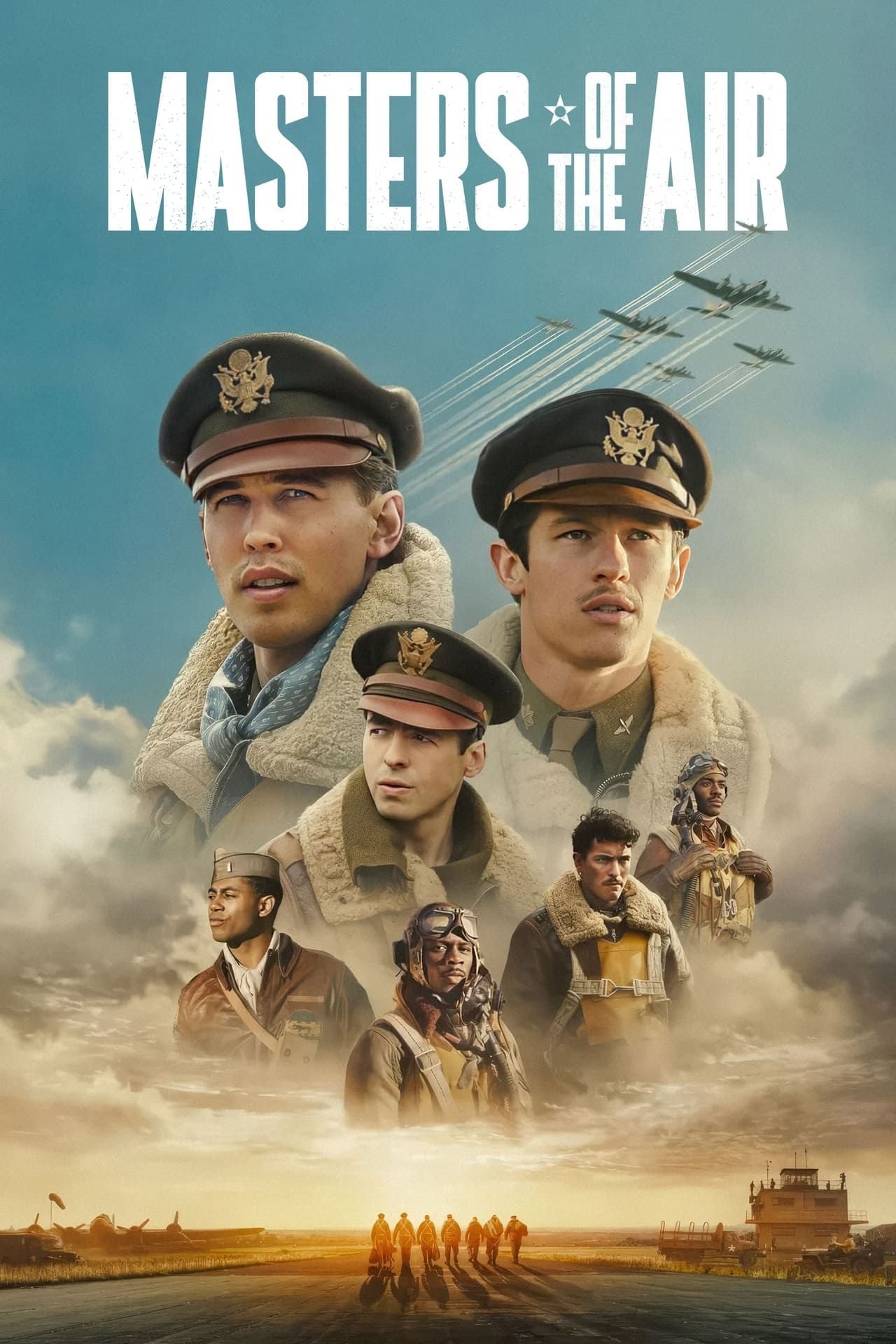 Affiche de l'émission télévisée Masters of the Air montrant Austin Butler et plusieurs pilotes aériens en uniformes de la Seconde Guerre mondiale