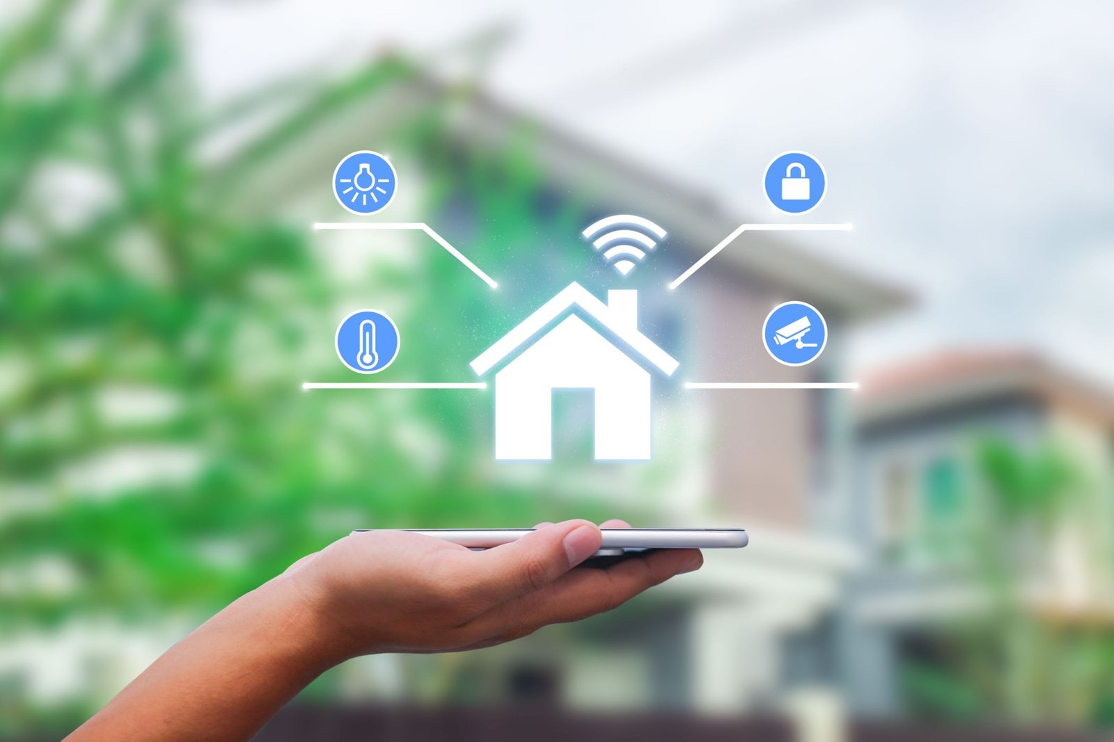 Mains tenant un téléphone intelligent avec une application Smart Home sur une maison floue en arrière-plan.