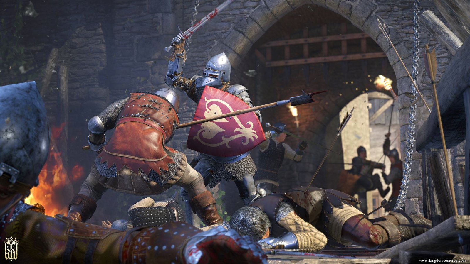 Capture d'écran officielle de Kingdom Come Deliverance montrant des chevaliers au combat.