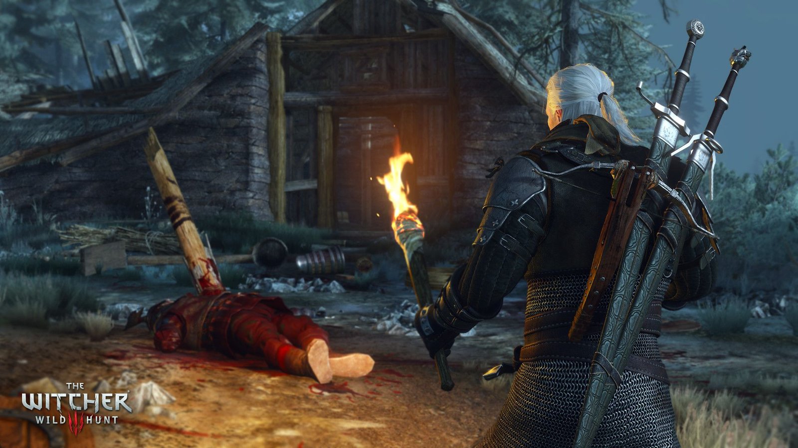 Capture d'écran officielle de Witcher 3 Classic montrant le dos du sorceleur avec deux épées