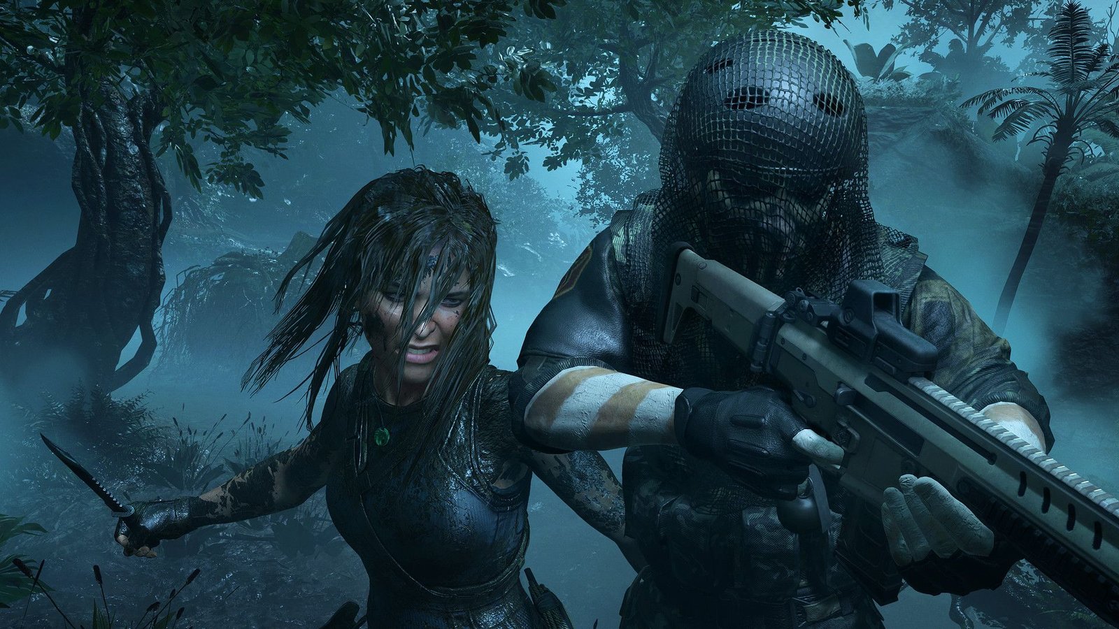 Capture d'écran officielle de Shadow of the Tomb Raider montrant Lara Croft sur le point de poignarder dans le dos un soldat ennemi.