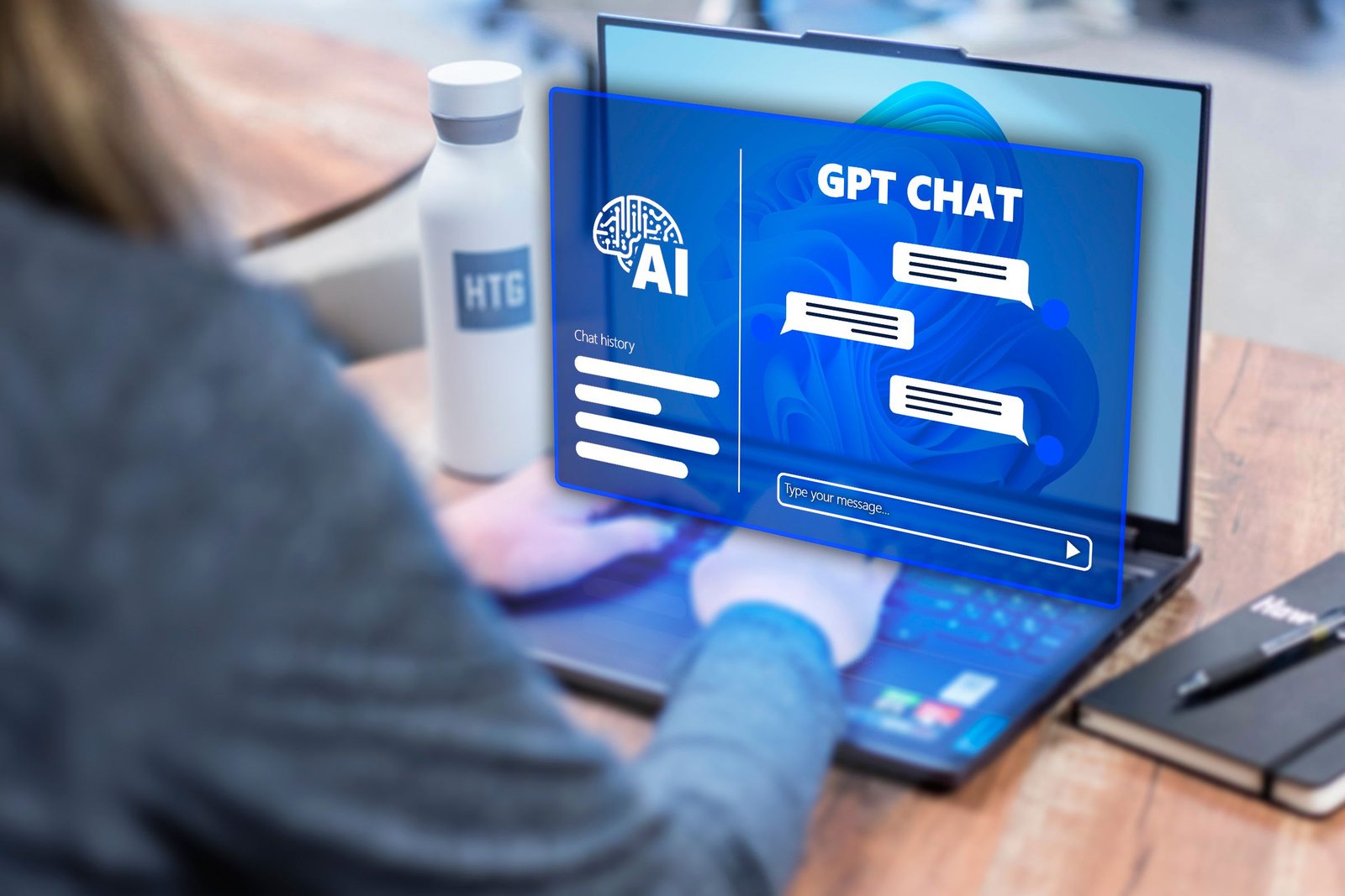 Personne utilisant un ordinateur portable Windows avec une fenêtre de discussion GPT.