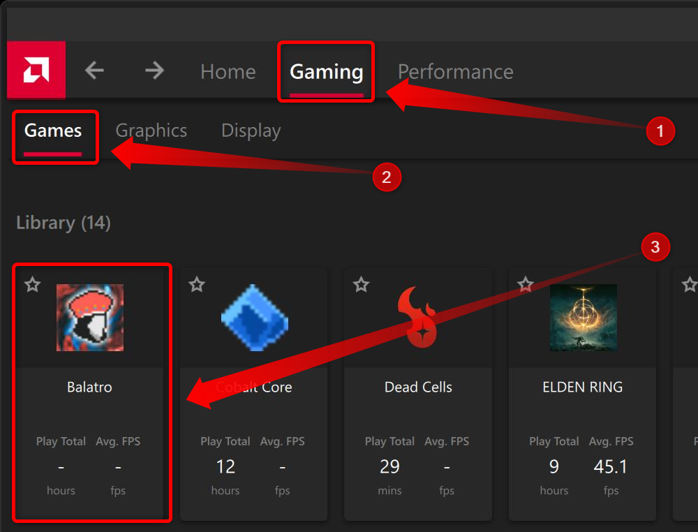 L'onglet Jeux dans le logiciel AMD répertoriant les jeux installés. 