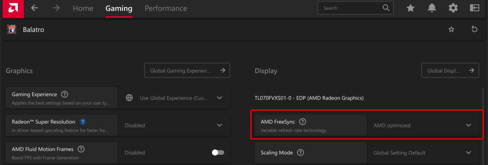 Paramètres de jeu individuels répertoriés dans le logiciel AMD. 