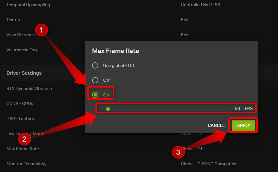 Réglage de la fréquence d'images maximale dans l'application NVIDIA. 