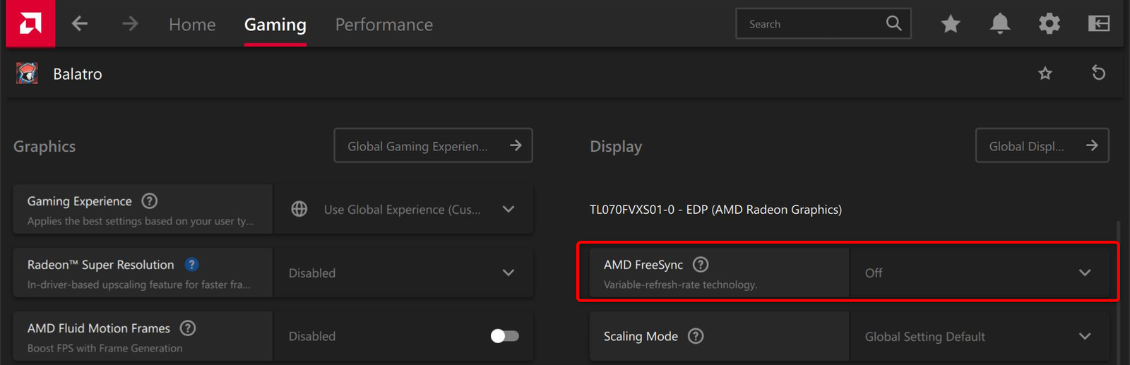 Basculement AMD FreeSync dans le logiciel AMD. 