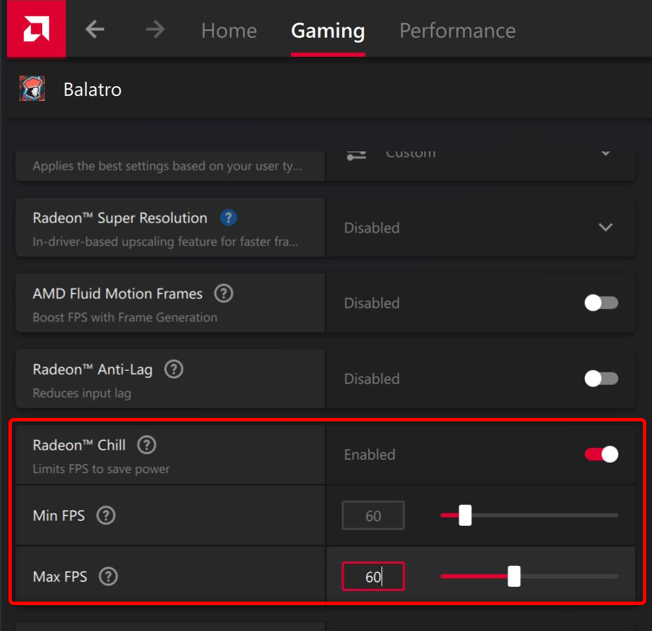 Personnalisation des options Radeon Chill dans le logiciel AMD. 
