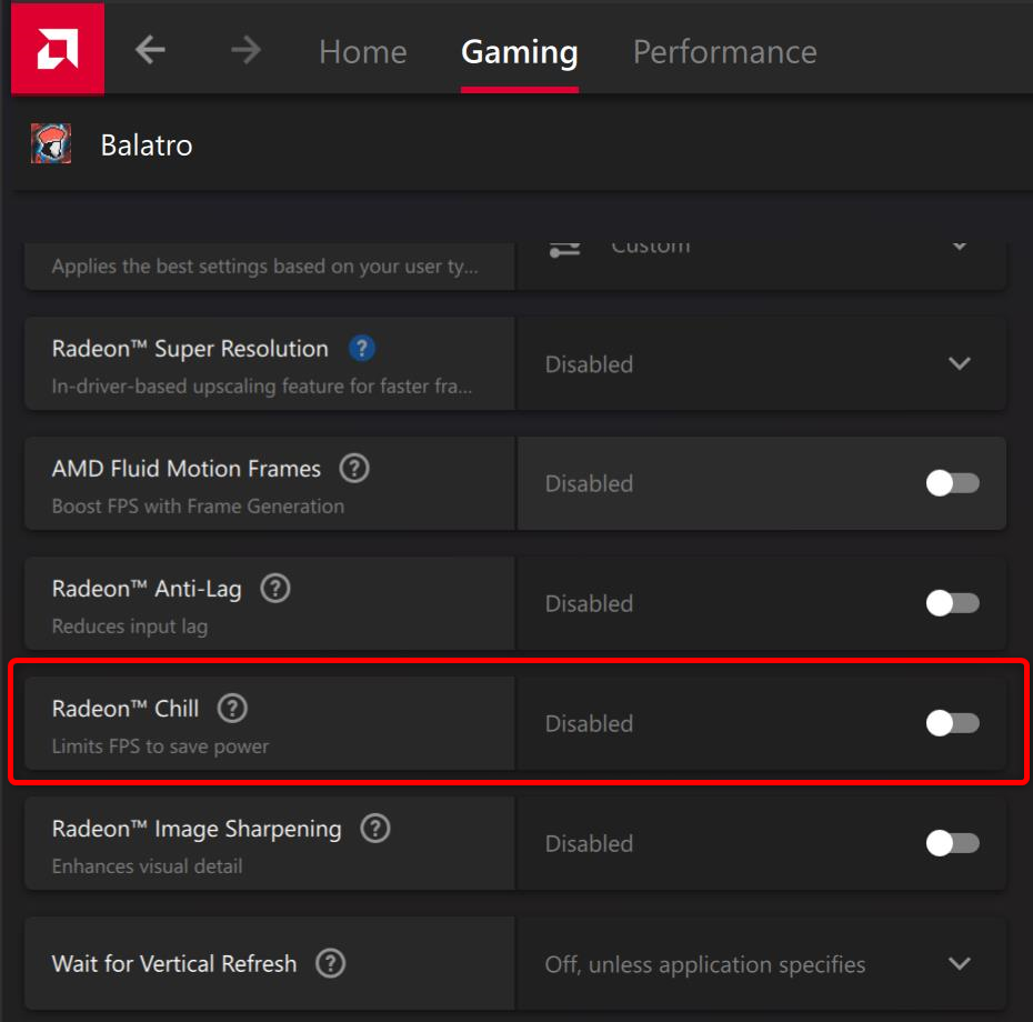 Options graphiques dans les logiciels AMD, y compris Radeon Chill. 