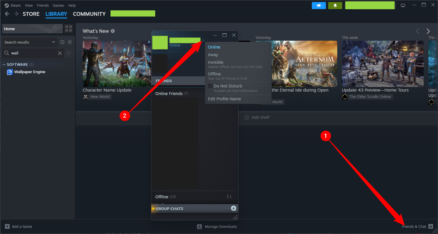 Sélectionnez « Amis et chat » en bas à droite de la fenêtre Steam, puis cliquez sur la flèche à côté de votre nom dans la liste d'amis pour modifier votre statut