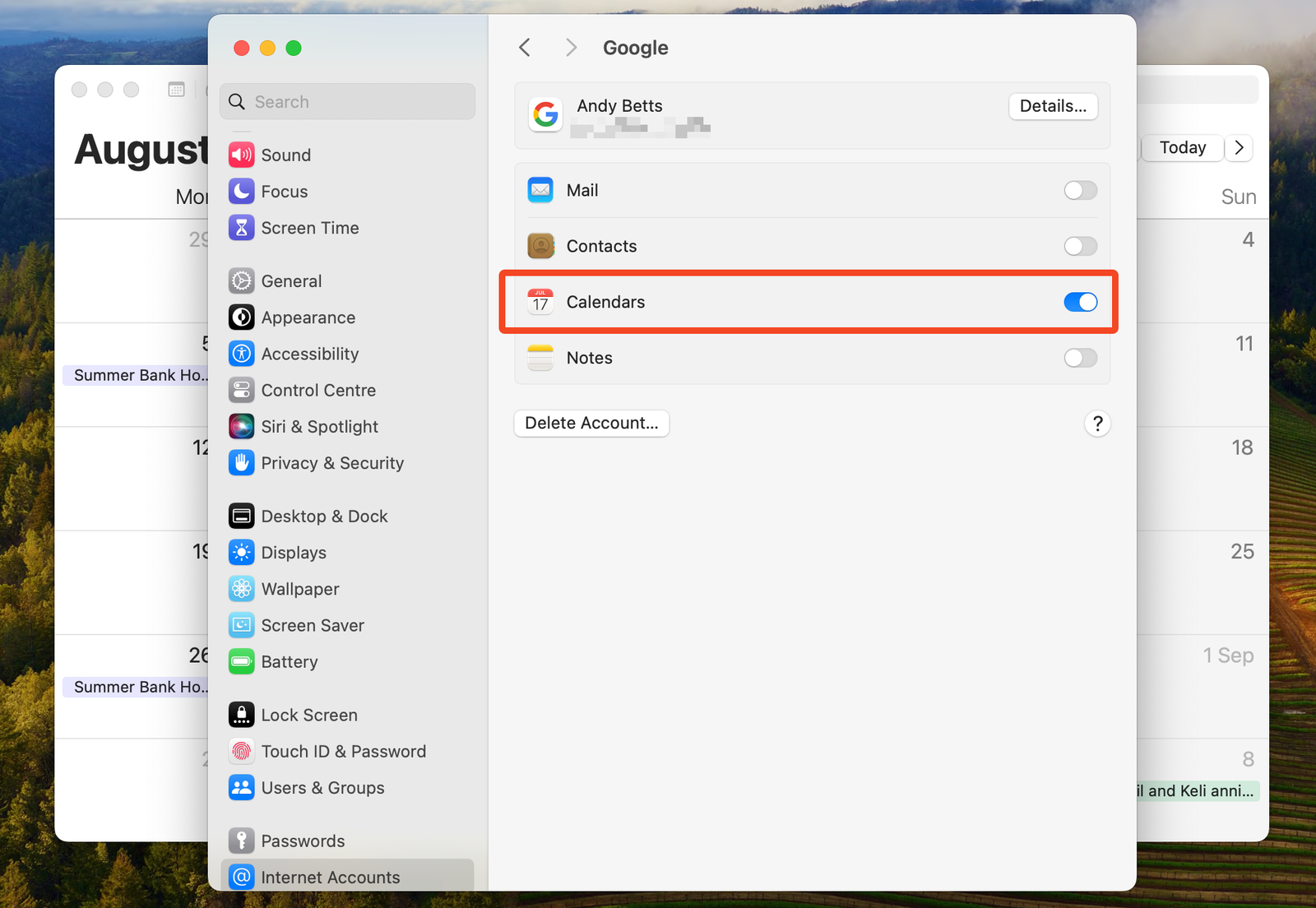 Le paramètre permettant de synchroniser Google Agenda avec l'application Calendrier Mac.