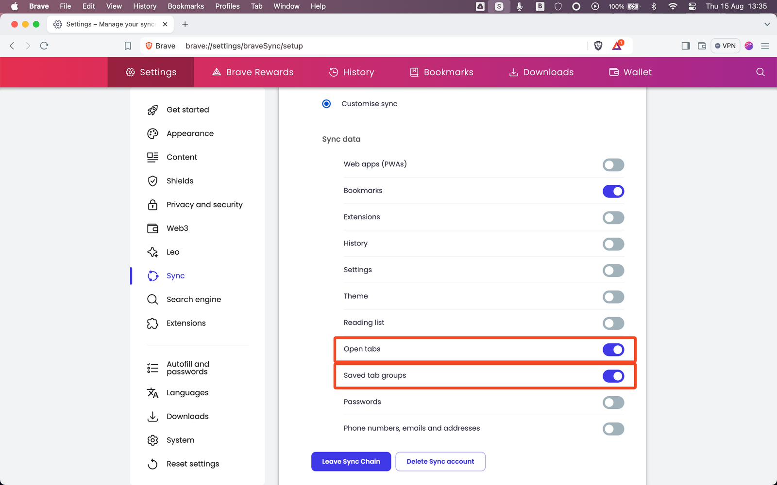 Configurer la synchronisation des onglets dans le navigateur Brave.