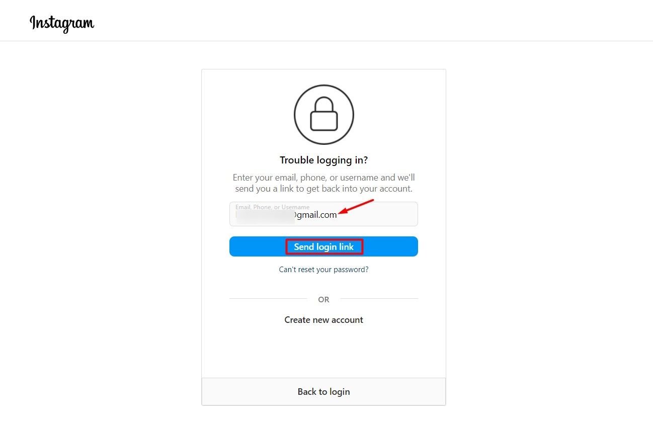 Envoyer l'option de lien de connexion sur le site Web Instagram.-1